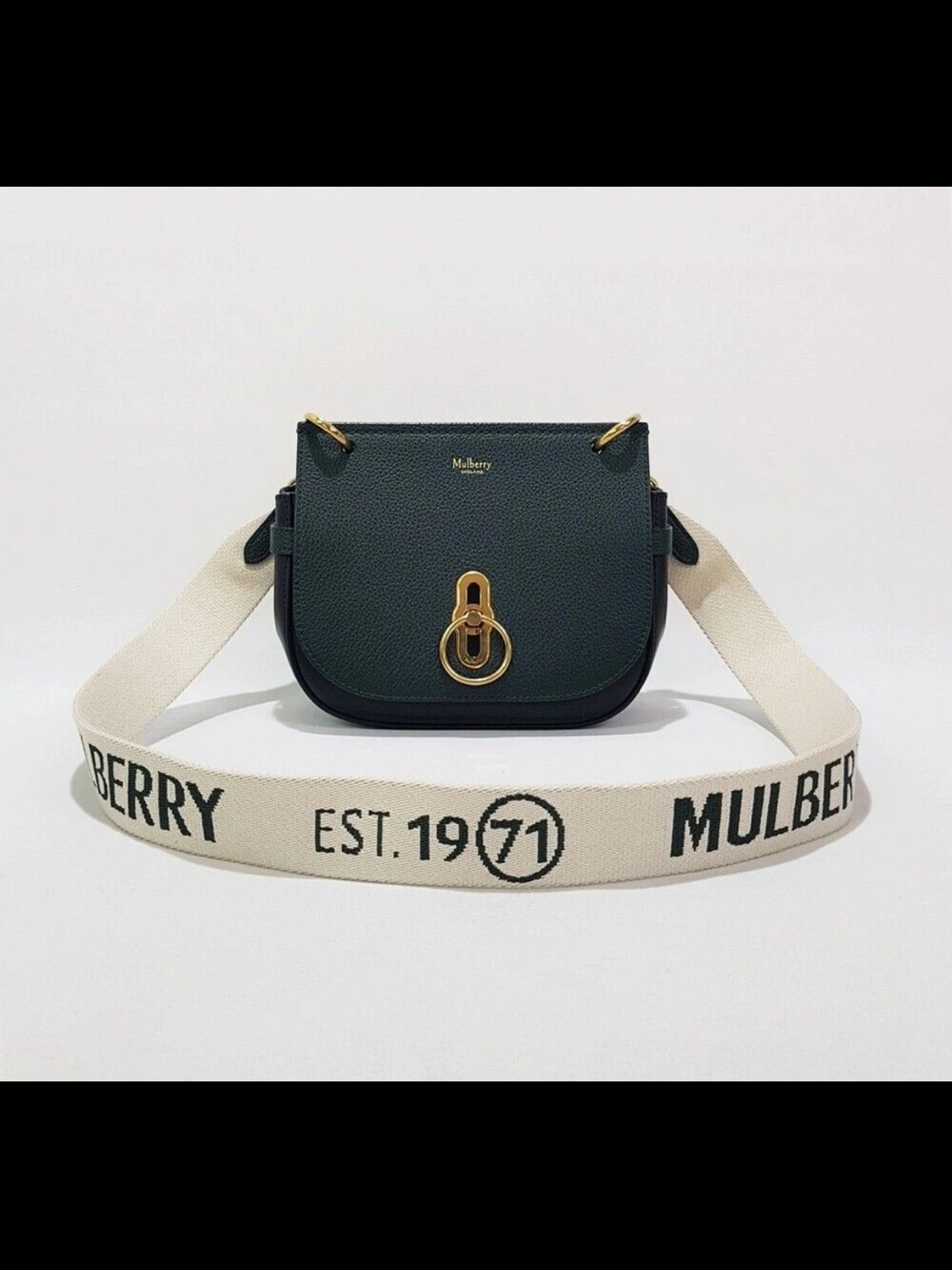 Mulberry Forest Green Small Saddle Bag with Cream Branded Strap